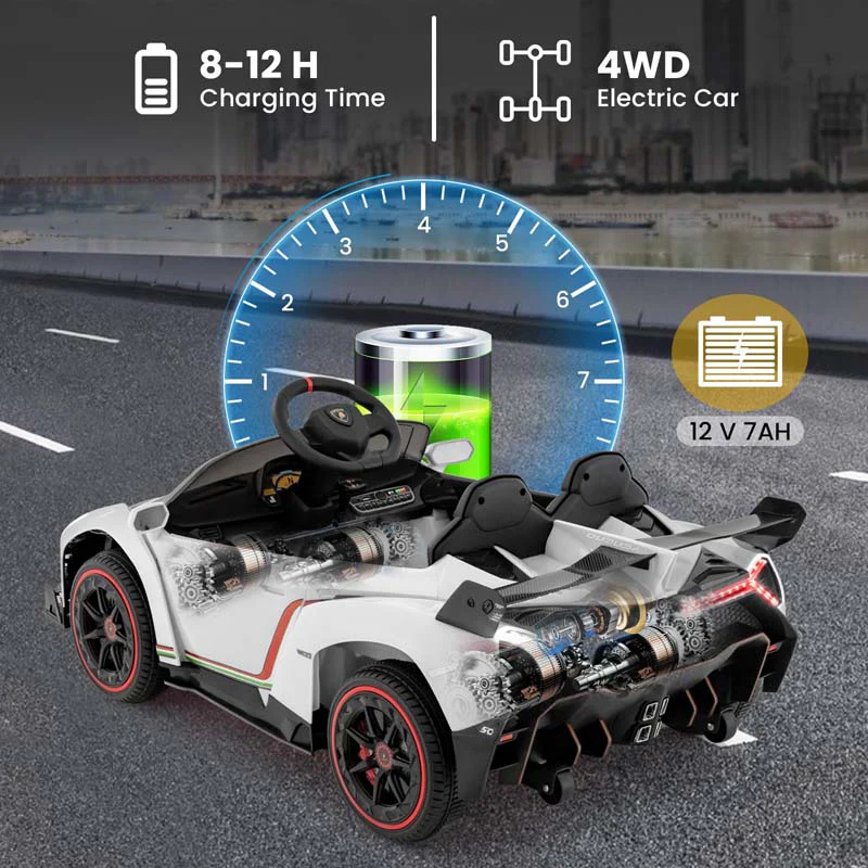 Lamborghini Licensed Kids Ride On 4WD Sports Car, 12V Battery Electric Vehicle Toy with Remote Control, 3 Speeds, Hydraulic Doors