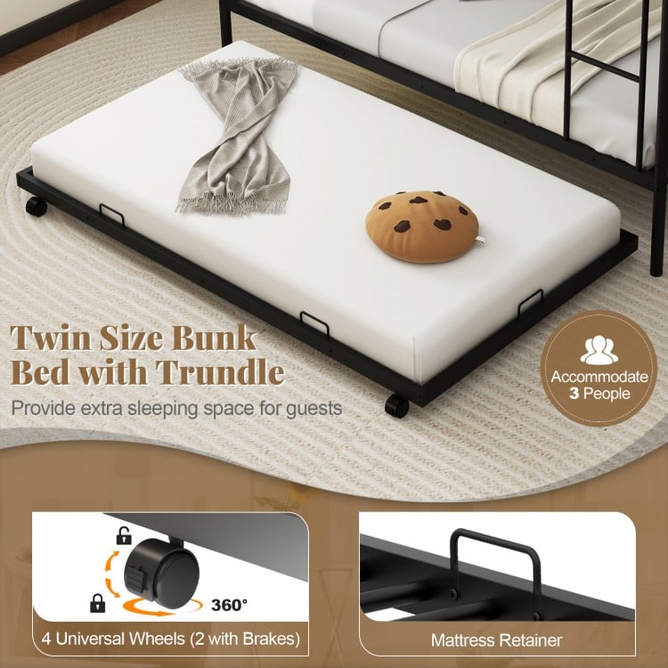 Twin Over Twin Bunk Bed with Trundle with Ladder and Full-length Guardrails