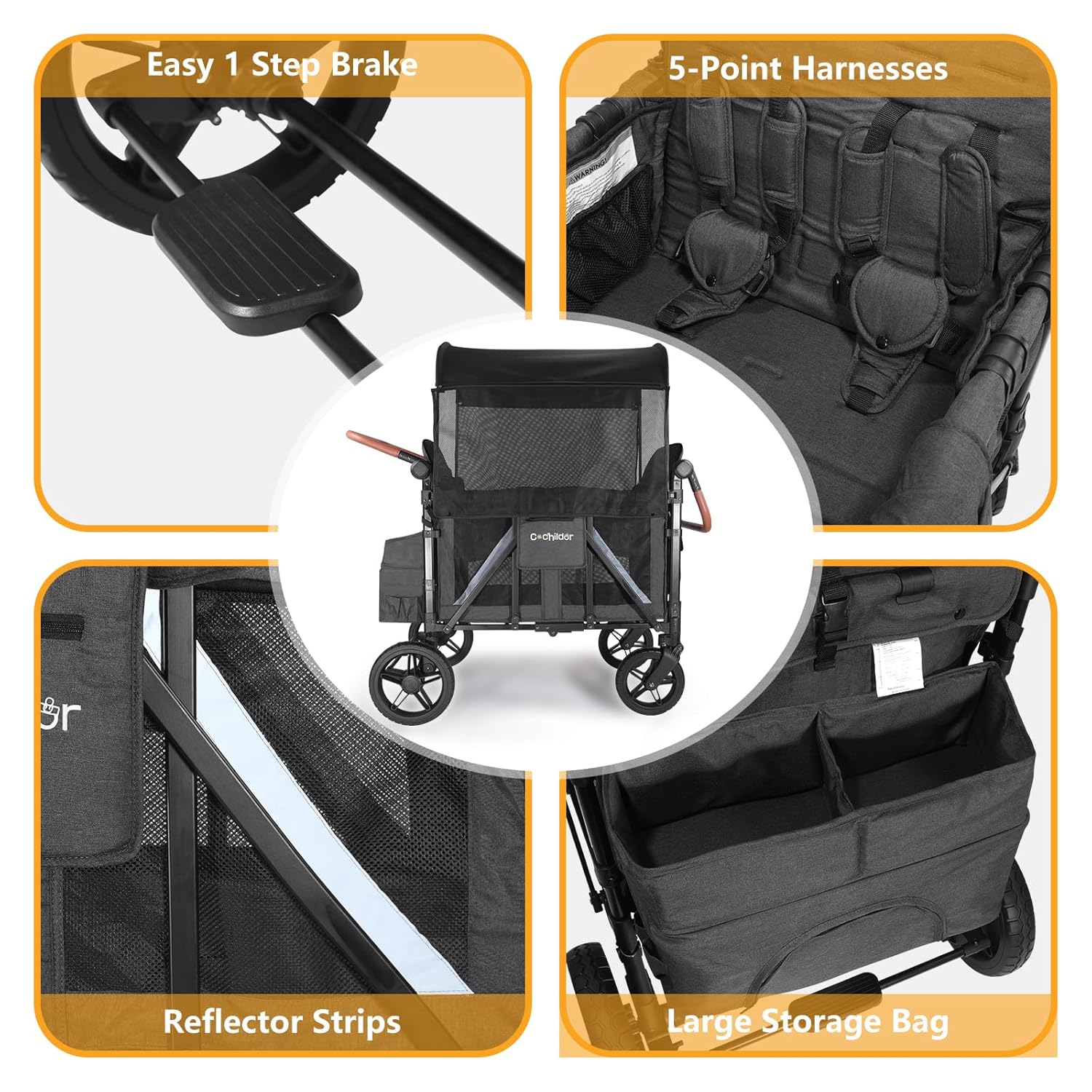 All-Terrain 4 Seater Wagon Stroller for Kids - Heavy-Duty 300lb Capacity, One-Hand Fold Design, High Seats with 5-Point Harness, Adjustable Canopy and Handlebars, Light Grey