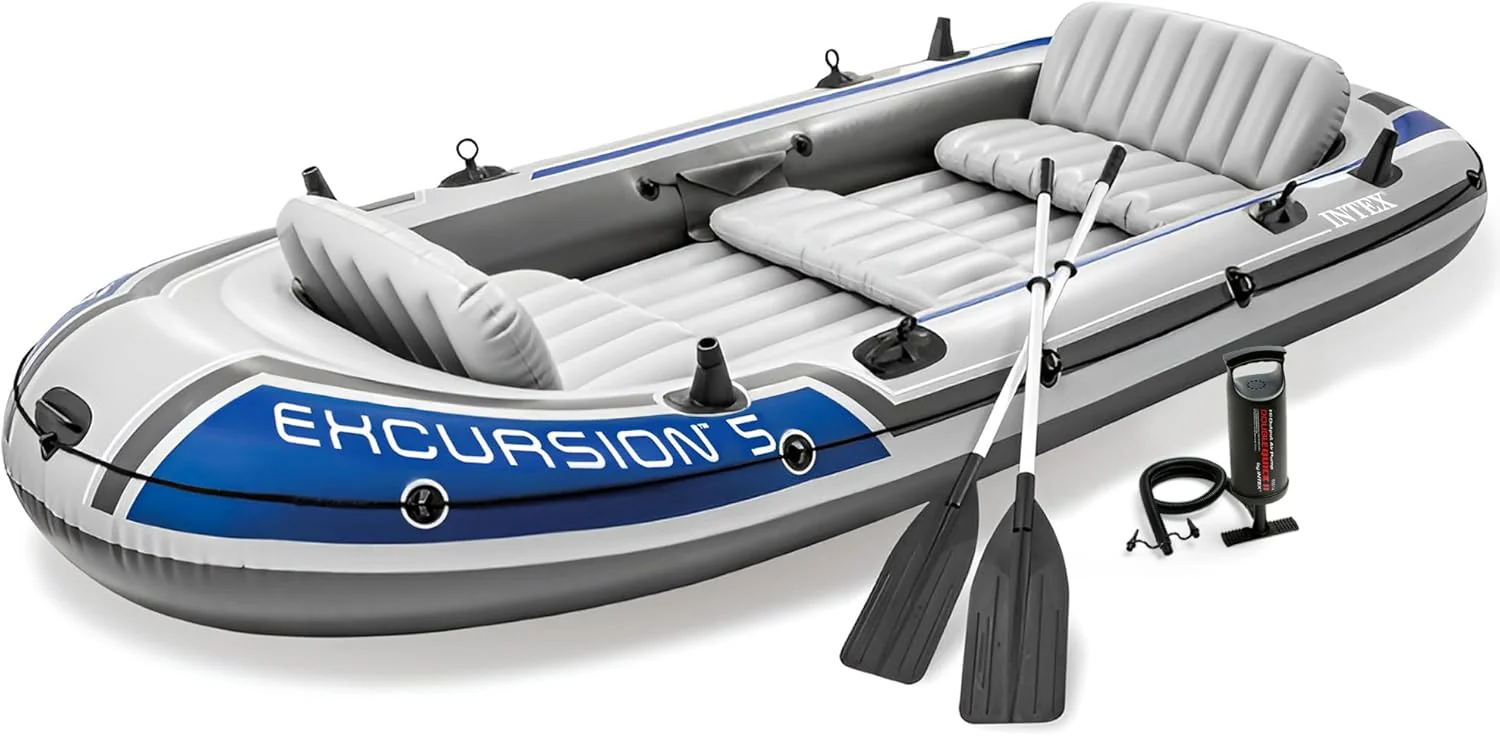INTEX Excursion Inflatable Boat Series: Includes Deluxe 54in Boat Oars and High-Output Pump �C SuperTough PVC �C Adjustable Seats with Backrest �C Fishing Rod Holders �C Welded Oar Locks
