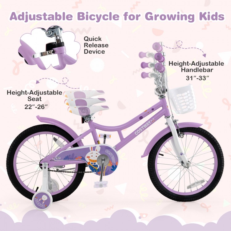 18 Inch Girl Bike with Basket with Detachable Training Wheels for 4-8 Years Old