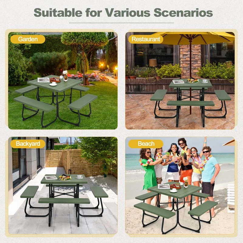 8 Person HDPE Outside Table & Bench Set, Outdoor Square Picnic Table with 4 Built-in Benches, Umbrella Hole, Metal Frame