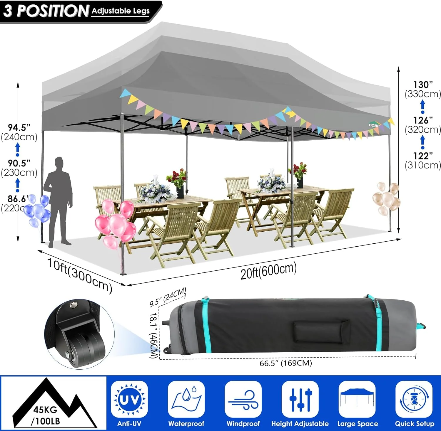 COBIZI 10x20 Heavy Duty Pop up Canopy Tent with 6 sidewalls Easy Up Commercial Outdoor Canopy Wedding Party Tents for Parties All Season Wind & Waterproof Gazebo with Roller Bag,Black(Frame Thickened)