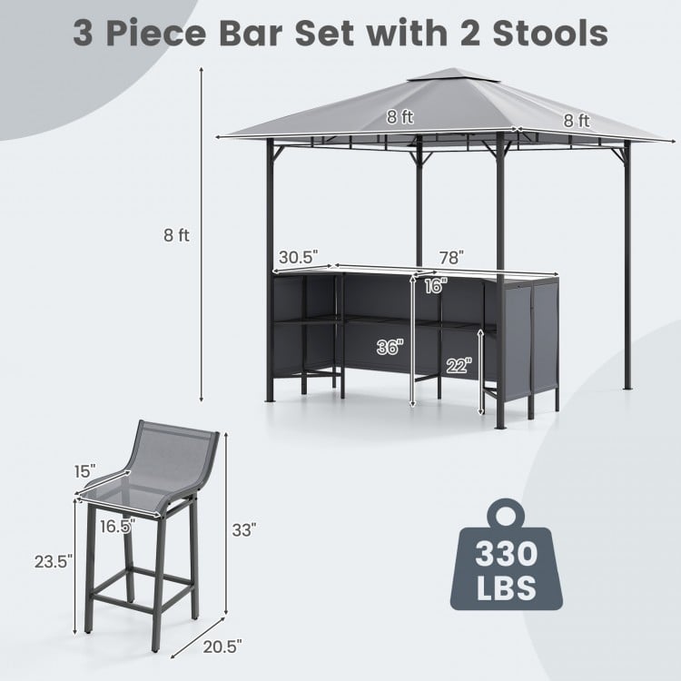 3-Piece Patio Bar Set 8 x 8 FT Double-Tier Grill Gazebo with 2 Bar Stools