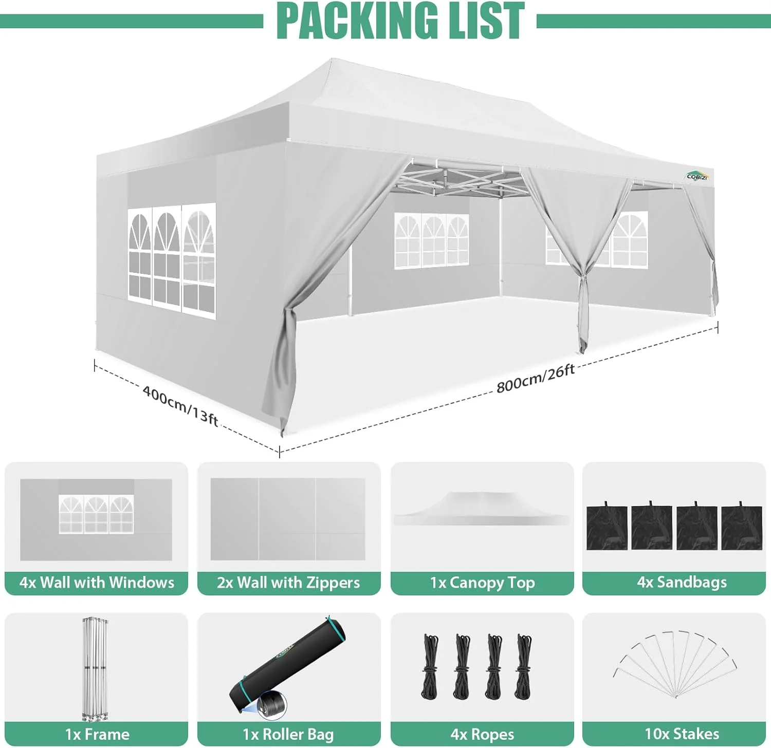 COBIZI 10x20 Heavy Duty Pop up Canopy Tent with 6 sidewalls Easy Up Commercial Outdoor Canopy Wedding Party Tents for Parties All Season Wind & Waterproof Gazebo with Roller Bag,Black(Frame Thickened)