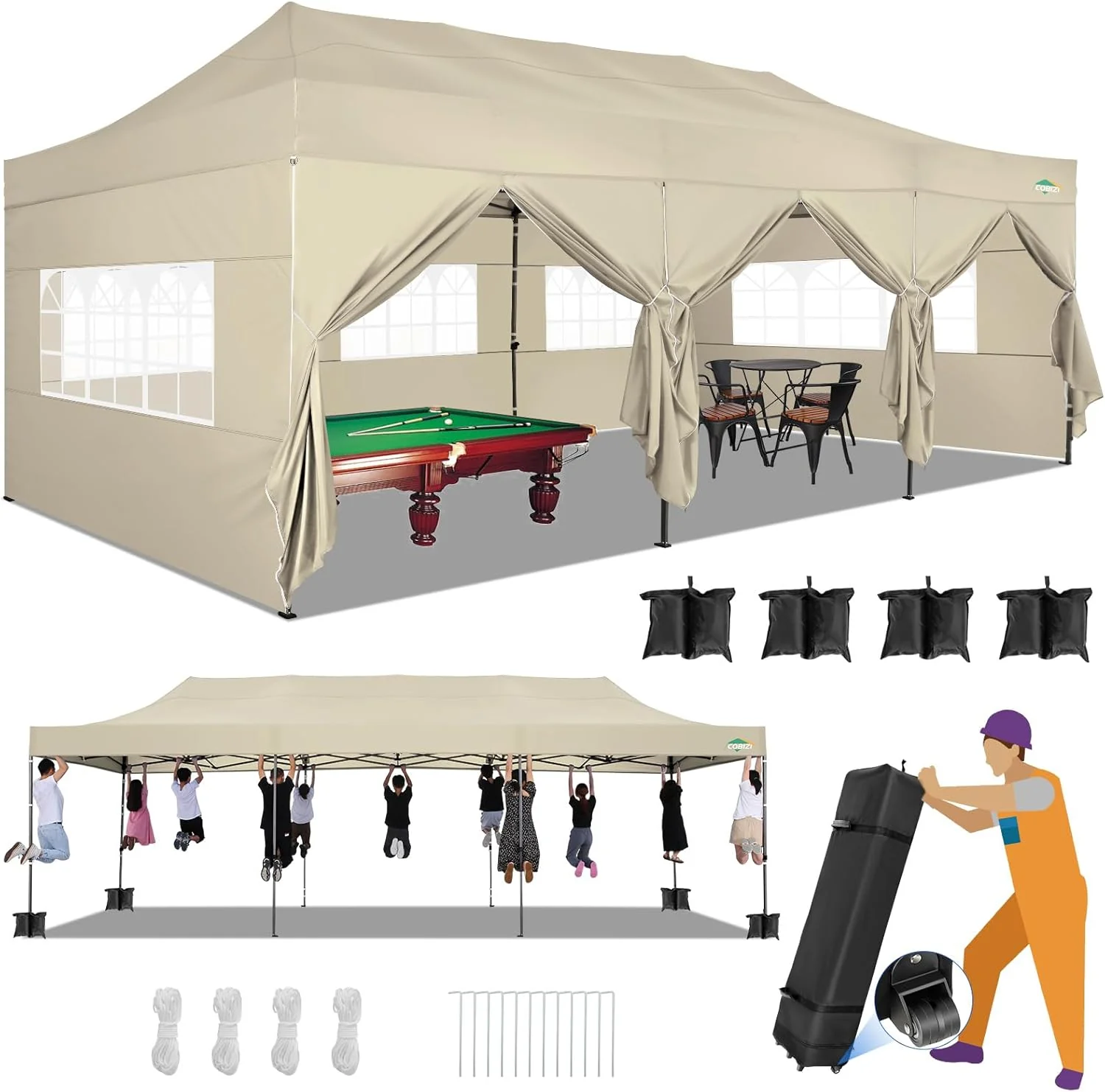 COBIZI 10x20 Heavy Duty Pop up Canopy Tent with 6 sidewalls Easy Up Commercial Outdoor Canopy Wedding Party Tents for Parties All Season Wind & Waterproof Gazebo with Roller Bag,Black(Frame Thickened)