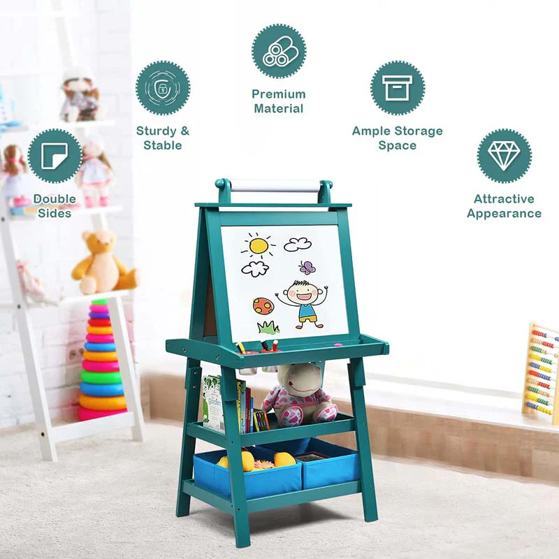3-in-1 Double-Sided Kids Art Easel, Wooden Storage Toddler Easel with Magnetic White Board & Chalkboard, Paper Roll, Painting Dry Erase