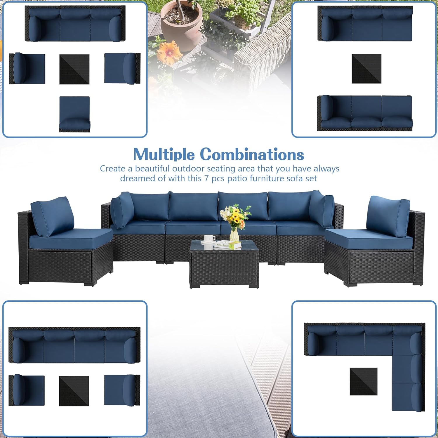 Shintenchi 5 Pieces Outdoor Patio Sectional Sofa Couch, Silver Gray PE Wicker Furniture Conversation Sets with Washable Cushions & Glass Coffee Table for Garden, Poolside, Backyard (Aegean Blue)