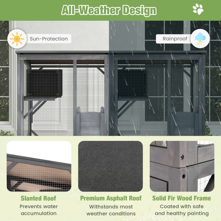 72 Inch Large Wooden Cat House Catio Kitten Enclosure on Wheels with Weatherproof Asphalt Roof