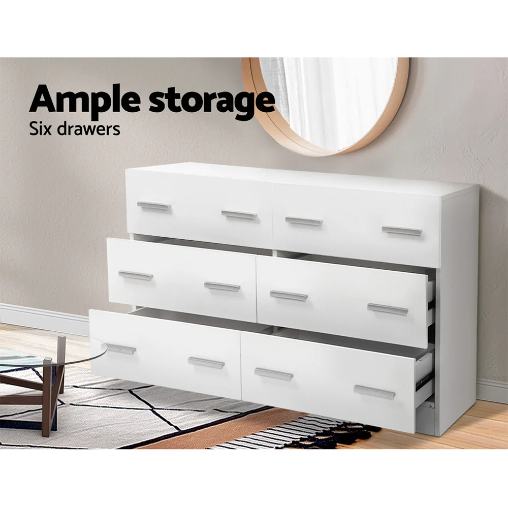 Stylish White 6-Drawer Lowboy Chest - Artiss VEDA