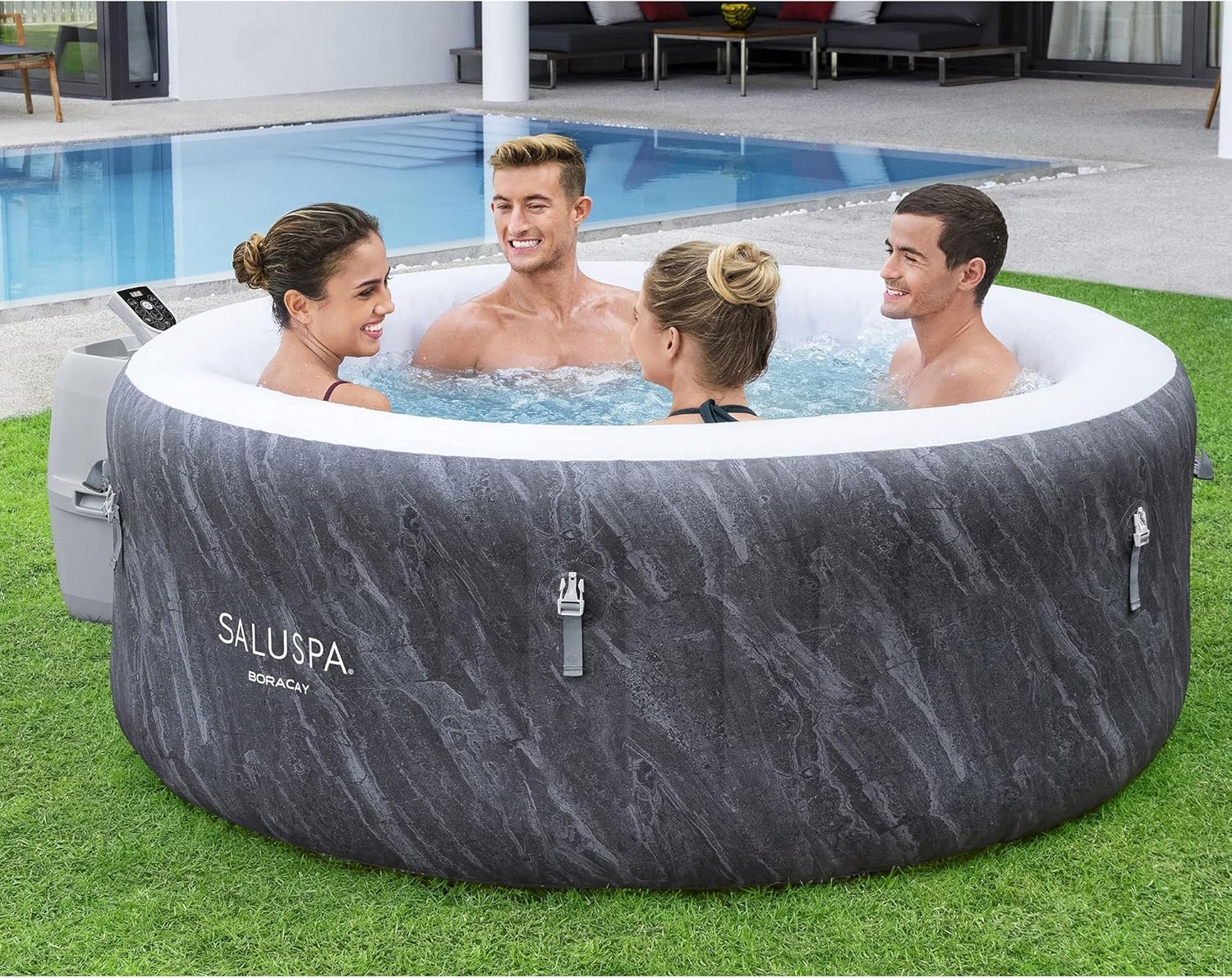 Bestway SaluSpa Fiji AirJet Large Round 2 to 4 Person Inflatable Hot Tub Portable Outdoor Spa with 120 AirJets and EnergySense Cover, Grey