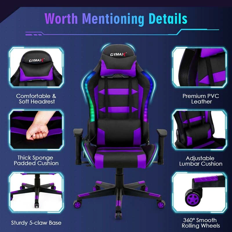 High Back RGB Gaming Chair, Ergonomic Video Game Chair with LED Lights, PVC Leather E-Sport Computer Chair