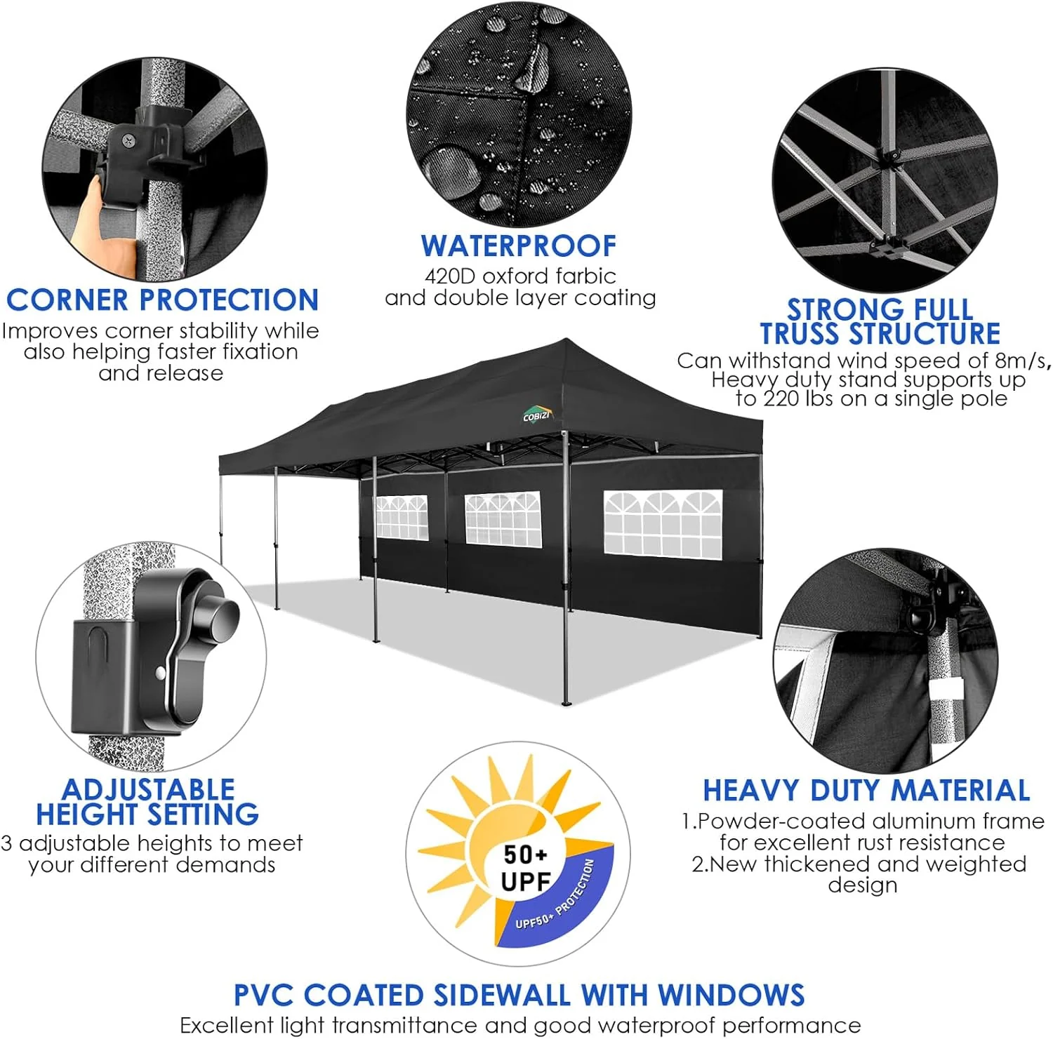 COBIZI 10x20 Heavy Duty Pop up Canopy Tent with 6 sidewalls Easy Up Commercial Outdoor Canopy Wedding Party Tents for Parties All Season Wind & Waterproof Gazebo with Roller Bag,Black(Frame Thickened)