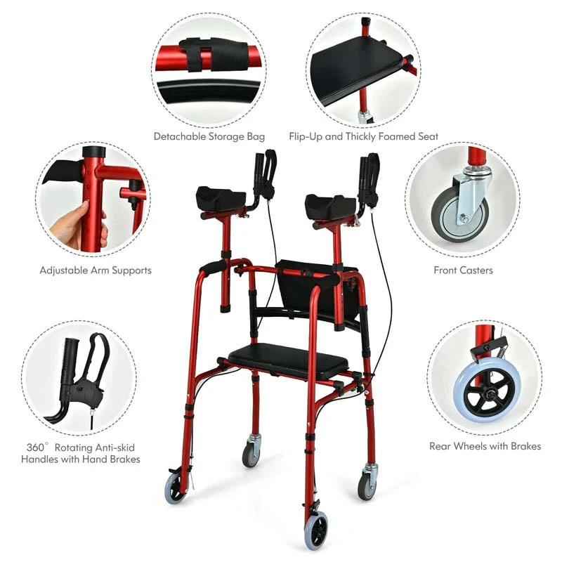 2 in 1 Folding Upright Walker Height Adjustable Rollator Walker with Seat & Wheels, Mobility Walking Aid for Seniors