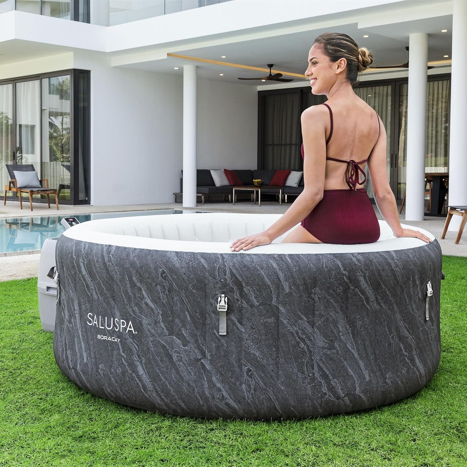 Bestway SaluSpa Fiji AirJet Large Round 2 to 4 Person Inflatable Hot Tub Portable Outdoor Spa with 120 AirJets and EnergySense Cover, Grey
