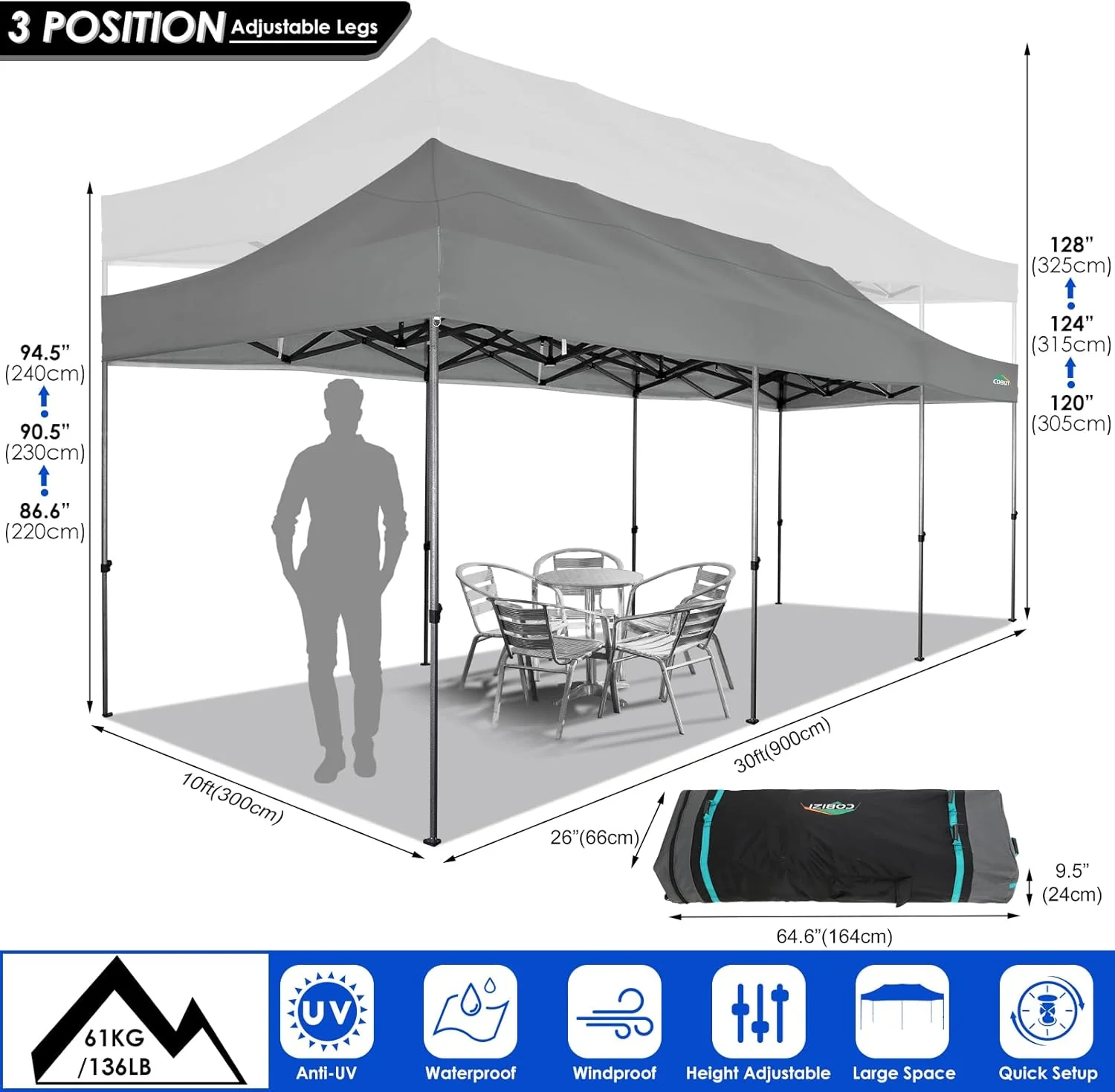 COBIZI 10x20 Heavy Duty Pop up Canopy Tent with 6 sidewalls Easy Up Commercial Outdoor Canopy Wedding Party Tents for Parties All Season Wind & Waterproof Gazebo with Roller Bag,Black(Frame Thickened)