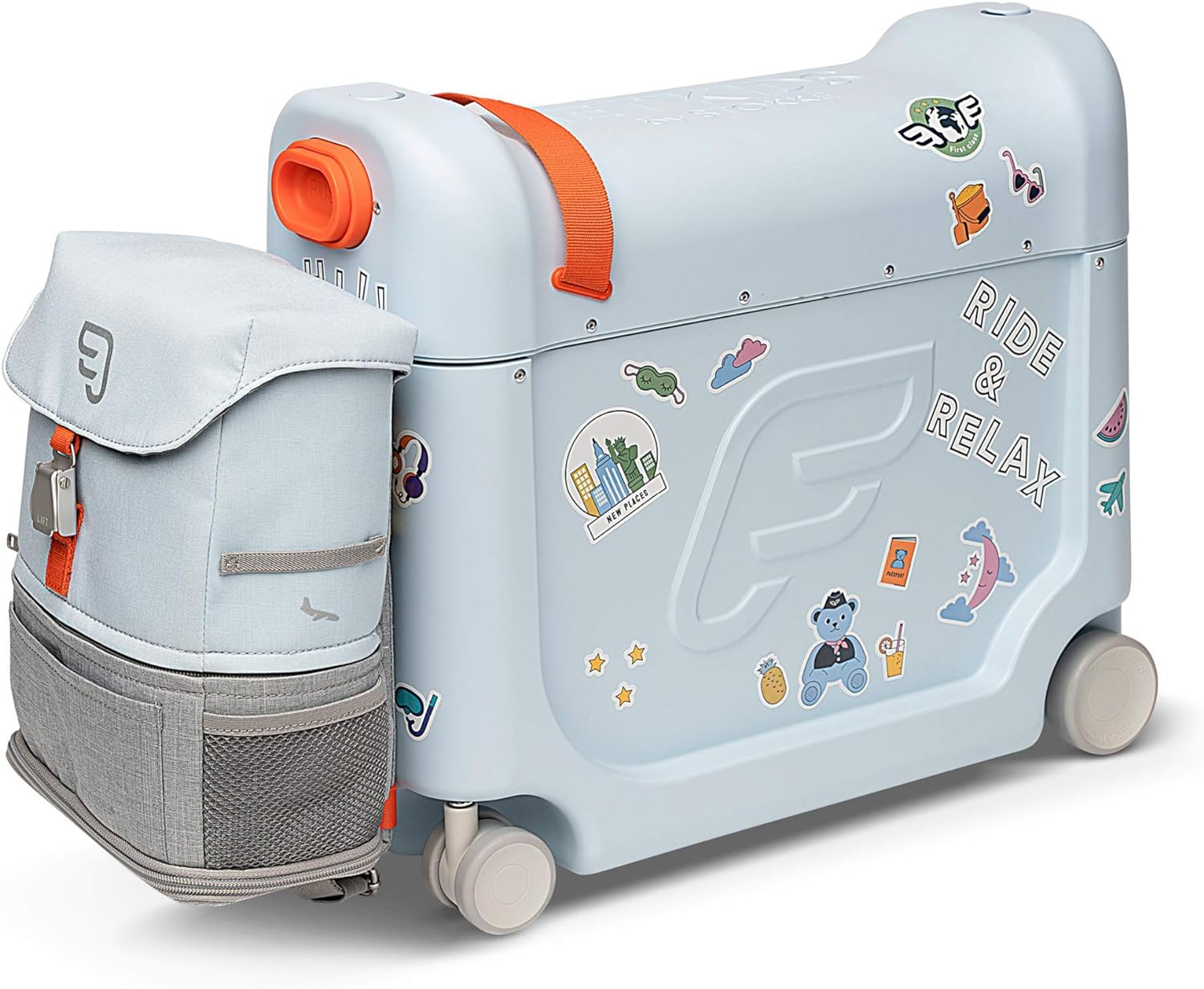 JetKids by Stokke Travel Bundle - Includes Kid’s Ride-On Suitcase & In-Flight Bed + Crew BackPack - Best for Ages 3-7
