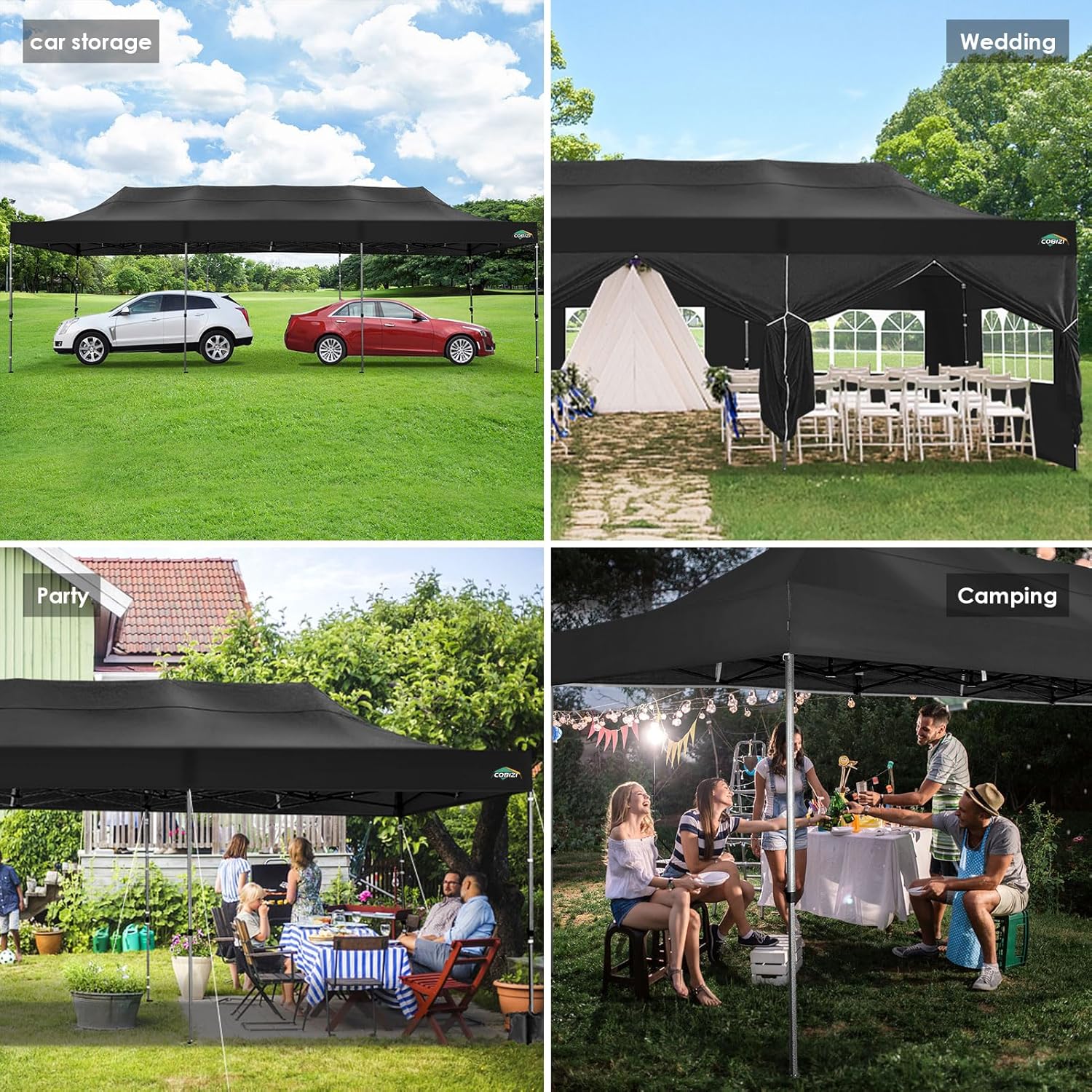 COBIZI 10x20 Heavy Duty Pop up Canopy Tent with 6 sidewalls Easy Up Commercial Outdoor Canopy Wedding Party Tents for Parties All Season Wind & Waterproof Gazebo with Roller Bag,Black(Frame Thickened)