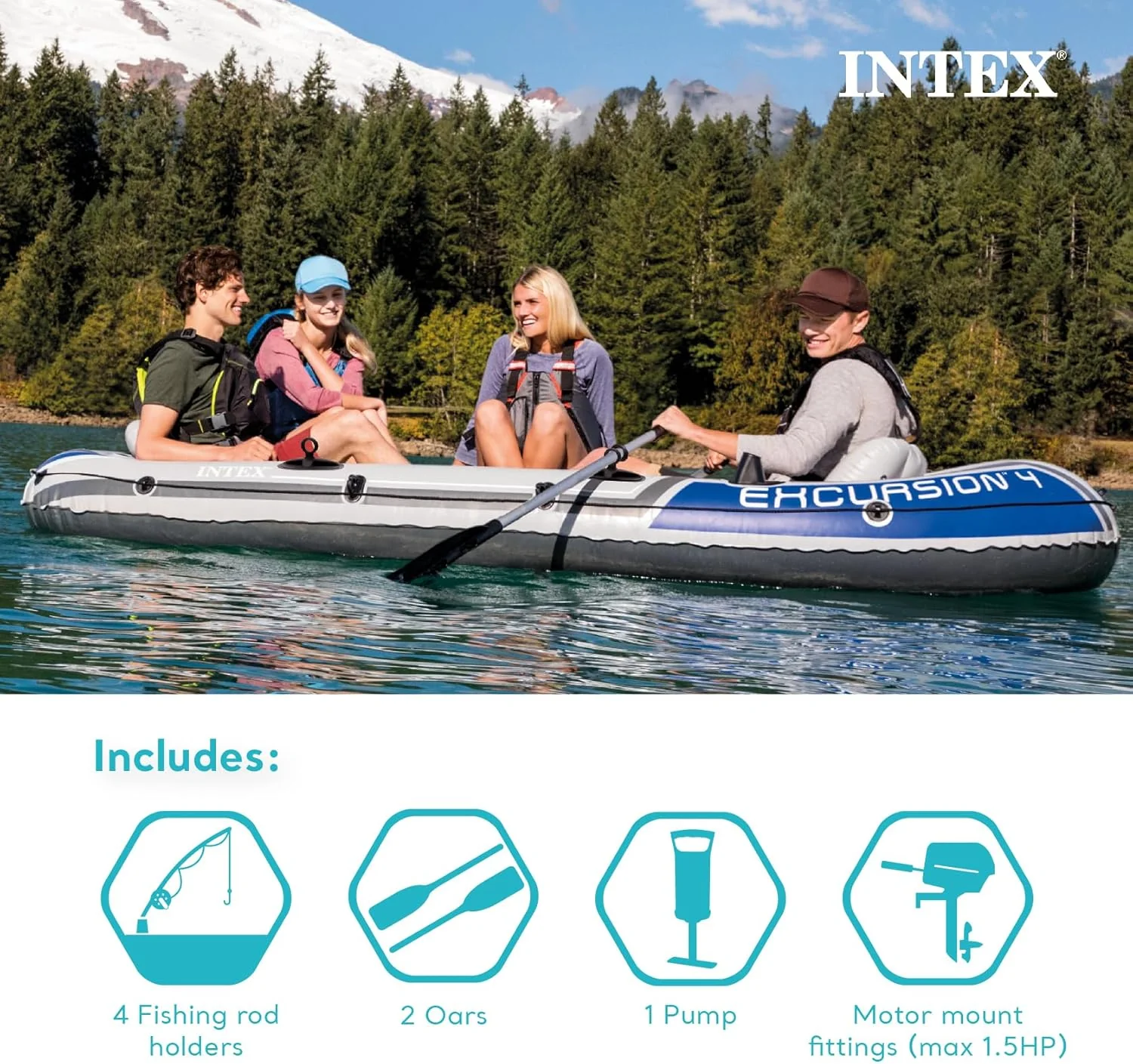 INTEX Excursion Inflatable Boat Series: Includes Deluxe 54in Boat Oars and High-Output Pump �C SuperTough PVC �C Adjustable Seats with Backrest �C Fishing Rod Holders �C Welded Oar Locks