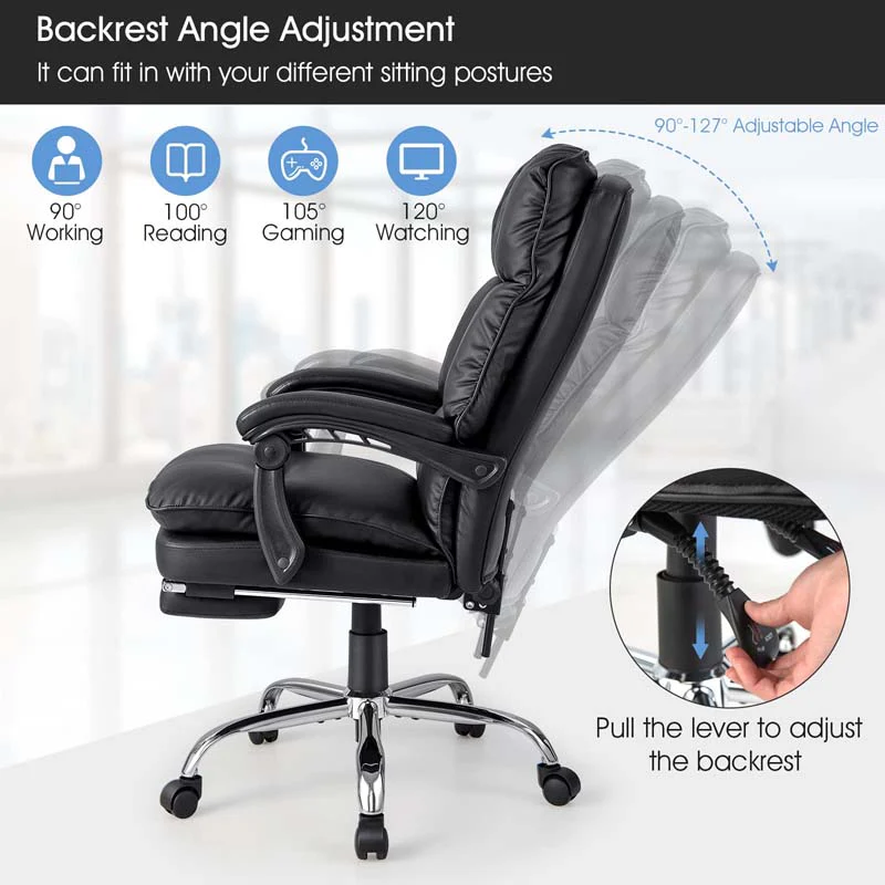 Adjustable Executive Office Reclining Chair with Retractable Footrest,  330 lbs PU Leather Swivel Computer Desk Chair for Office Home