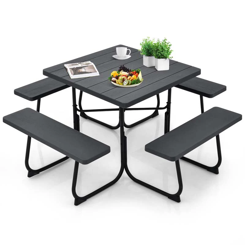 8 Person HDPE Outside Table & Bench Set, Outdoor Square Picnic Table with 4 Built-in Benches, Umbrella Hole, Metal Frame