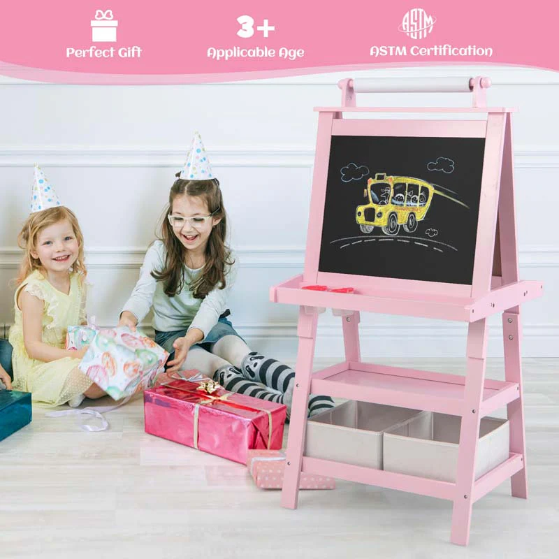 3-in-1 Double-Sided Kids Art Easel, Wooden Storage Toddler Easel with Magnetic White Board & Chalkboard, Paper Roll, Painting Dry Erase