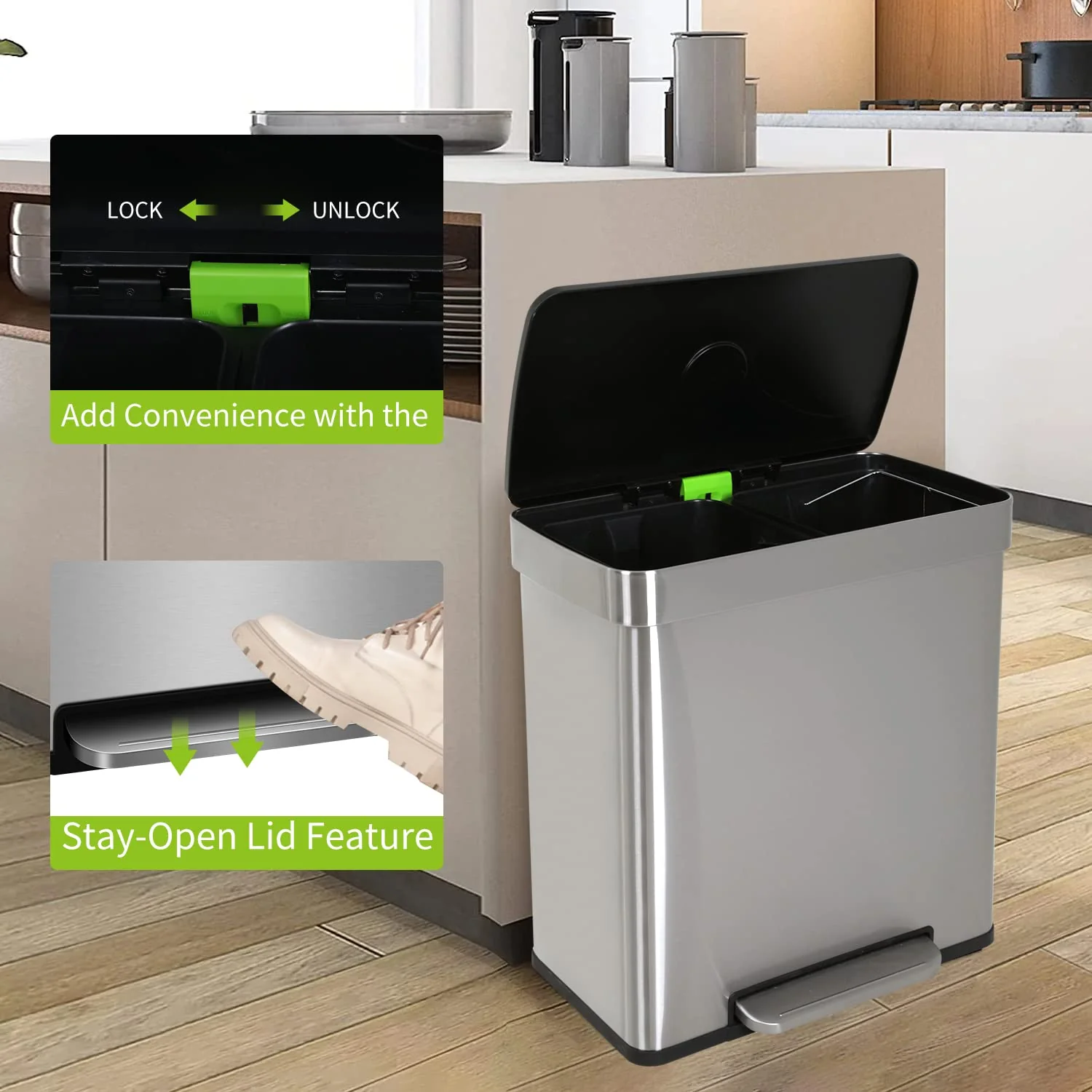 Bigacc 13 Gallon 50 Liter Kitchen Trash Can with Touch-Free & Motion Sensor, Automatic Stainless-Steel Garbage Can, Anti-Fingerprint Mute Designed Trash Bin Brushed Stainless Steel