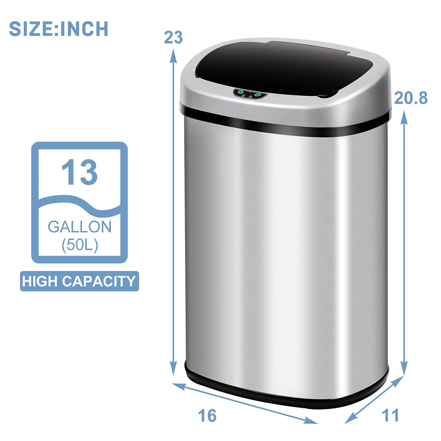 Bigacc 13 Gallon 50 Liter Kitchen Trash Can with Touch-Free & Motion Sensor, Automatic Stainless-Steel Garbage Can, Anti-Fingerprint Mute Designed Trash Bin Brushed Stainless Steel