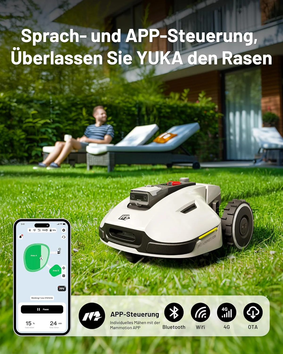 YUKA Mini 500H Robot Lawn Mower Reception 0.12 Acre, Max. 0.17 Acre, Ultrasense AI Vision+ RTK Positioning, Auto Mapping, App Control,45% Slope, Cutting Height 2''~3.5'', 3 Mowing Zones
