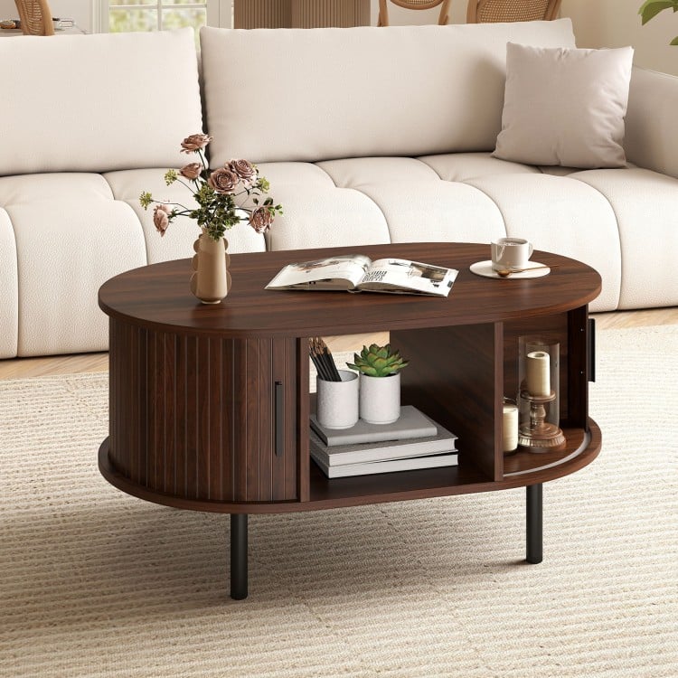 Oval Coffee Table with Open Compartment and Sector Shelves