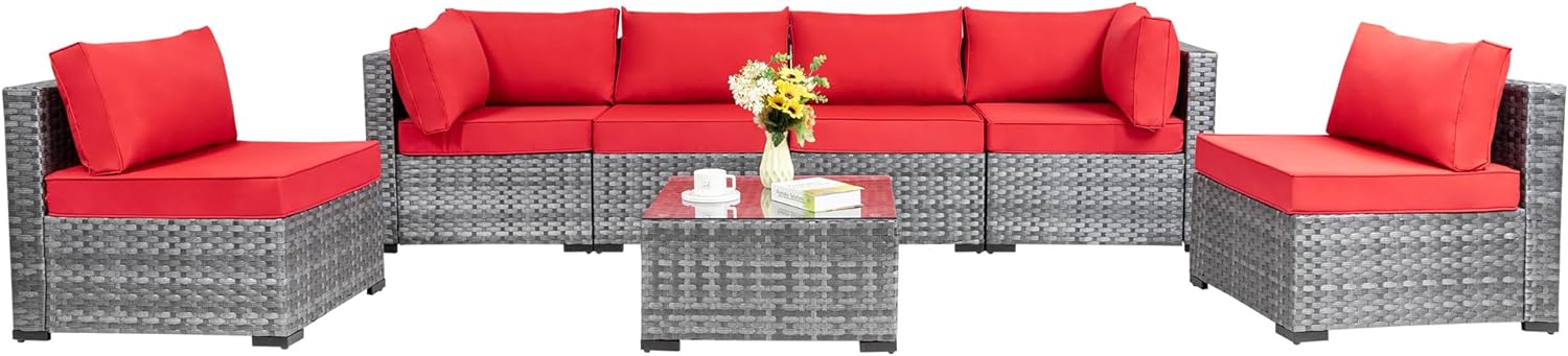 Shintenchi 5 Pieces Outdoor Patio Sectional Sofa Couch, Silver Gray PE Wicker Furniture Conversation Sets with Washable Cushions & Glass Coffee Table for Garden, Poolside, Backyard (Aegean Blue)