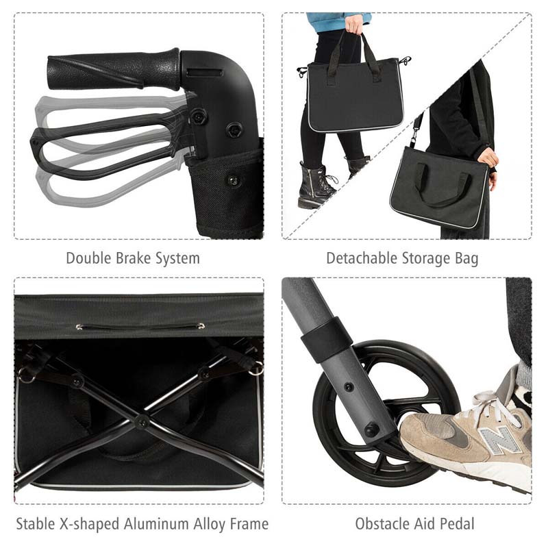 Folding Rollator Walker with Seat & Storage Bag, Lightweight Medical Walker Rolling Mobility Walking Aid