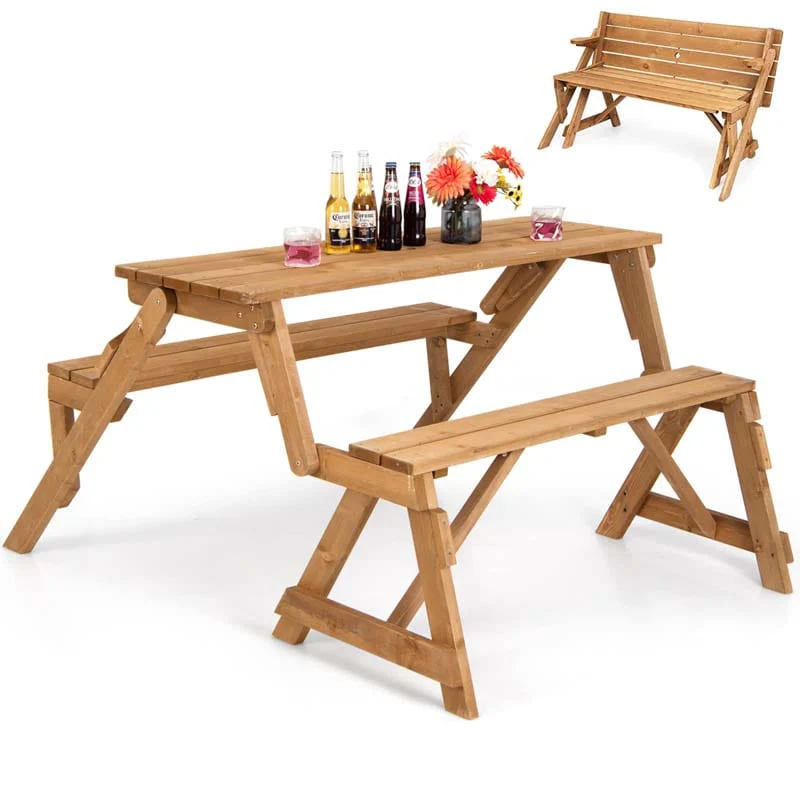 2-in-1 Convertible Wooden Picnic Table Garden Bench, Outdoor Folding Picnic Bench Set with Umbrella Hole