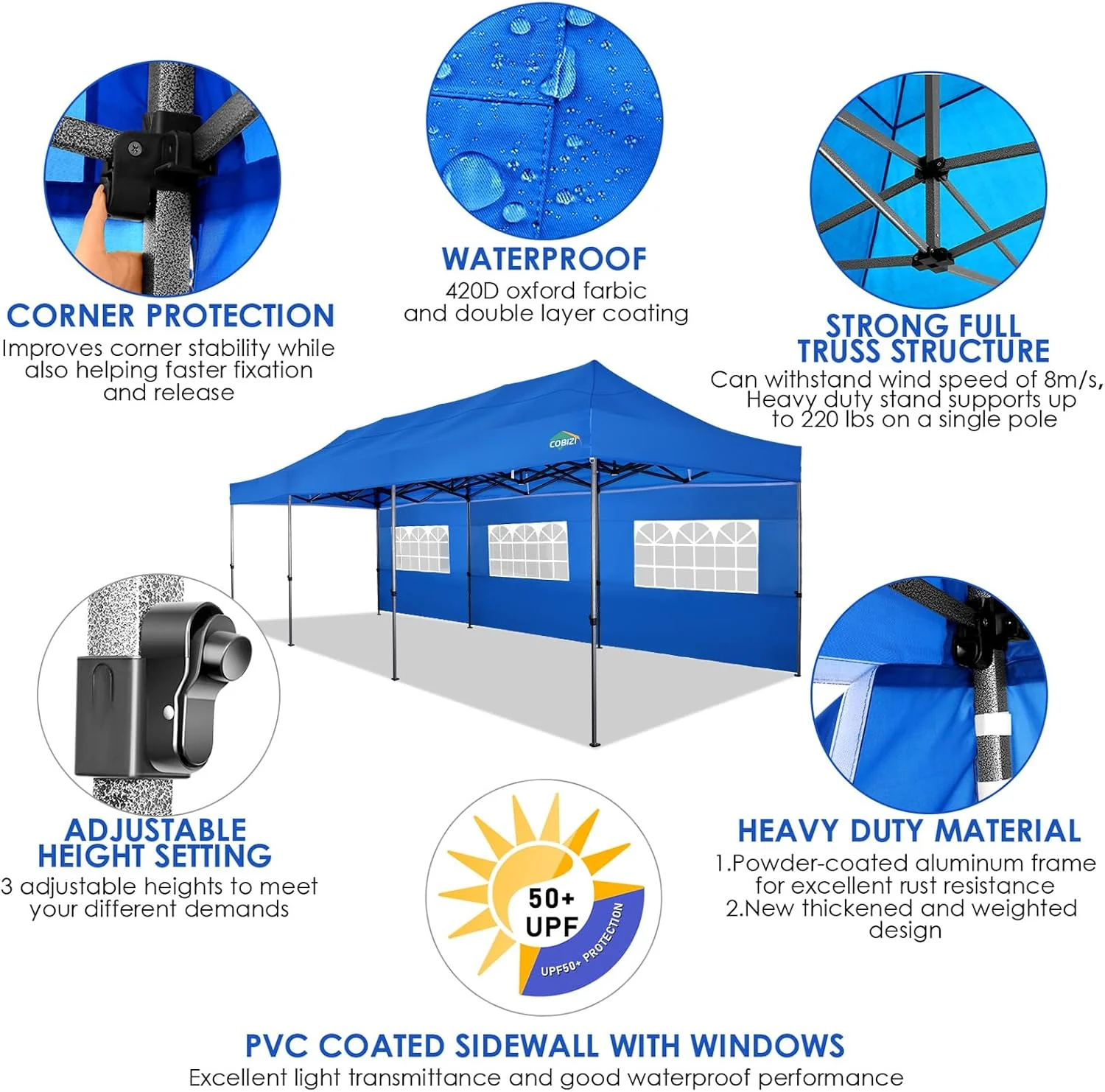 COBIZI 10x20 Heavy Duty Pop up Canopy Tent with 6 sidewalls Easy Up Commercial Outdoor Canopy Wedding Party Tents for Parties All Season Wind & Waterproof Gazebo with Roller Bag,Black(Frame Thickened)