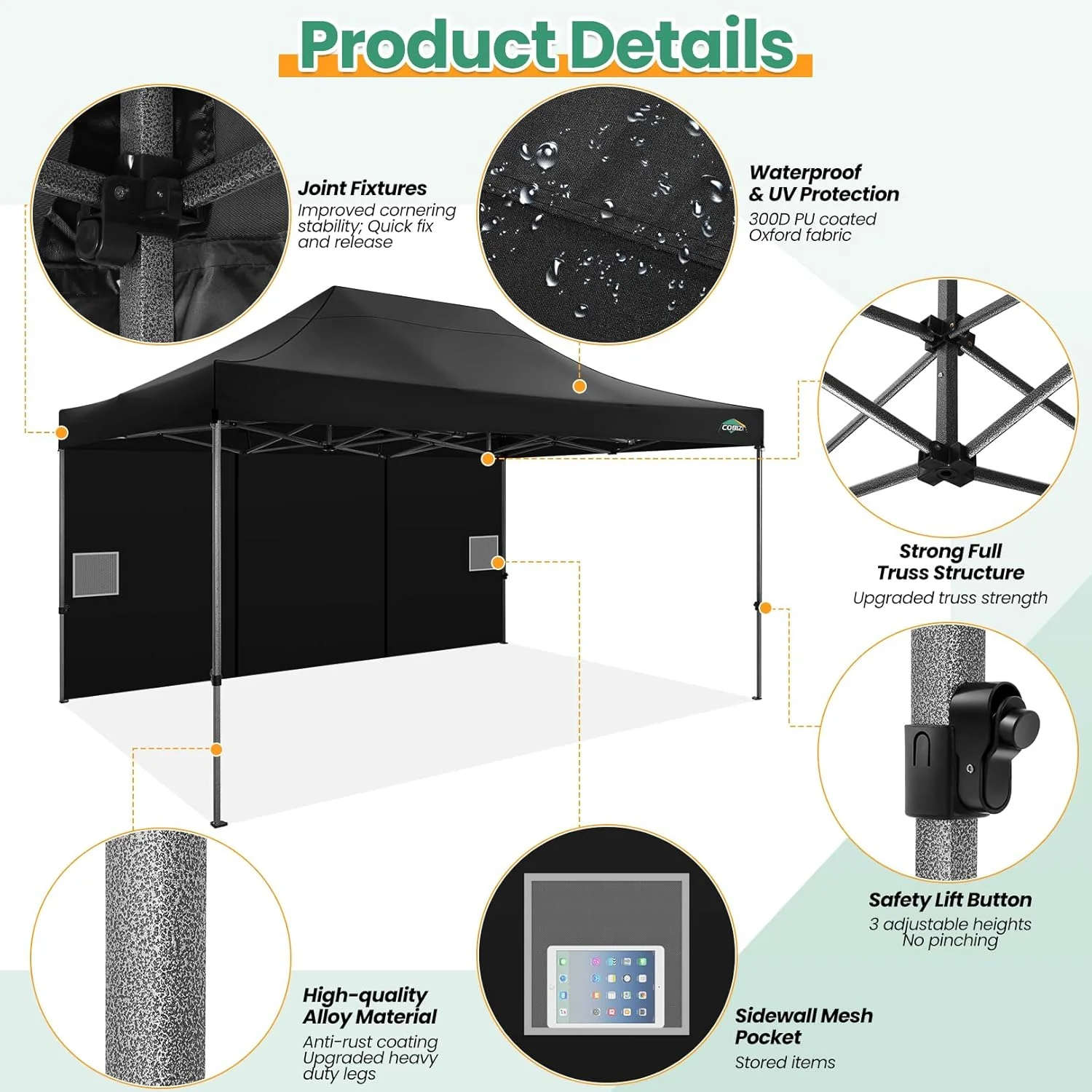 COBIZI 10x20 Heavy Duty Pop up Canopy Tent with 6 sidewalls Easy Up Commercial Outdoor Canopy Wedding Party Tents for Parties All Season Wind & Waterproof Gazebo with Roller Bag,Black(Frame Thickened)