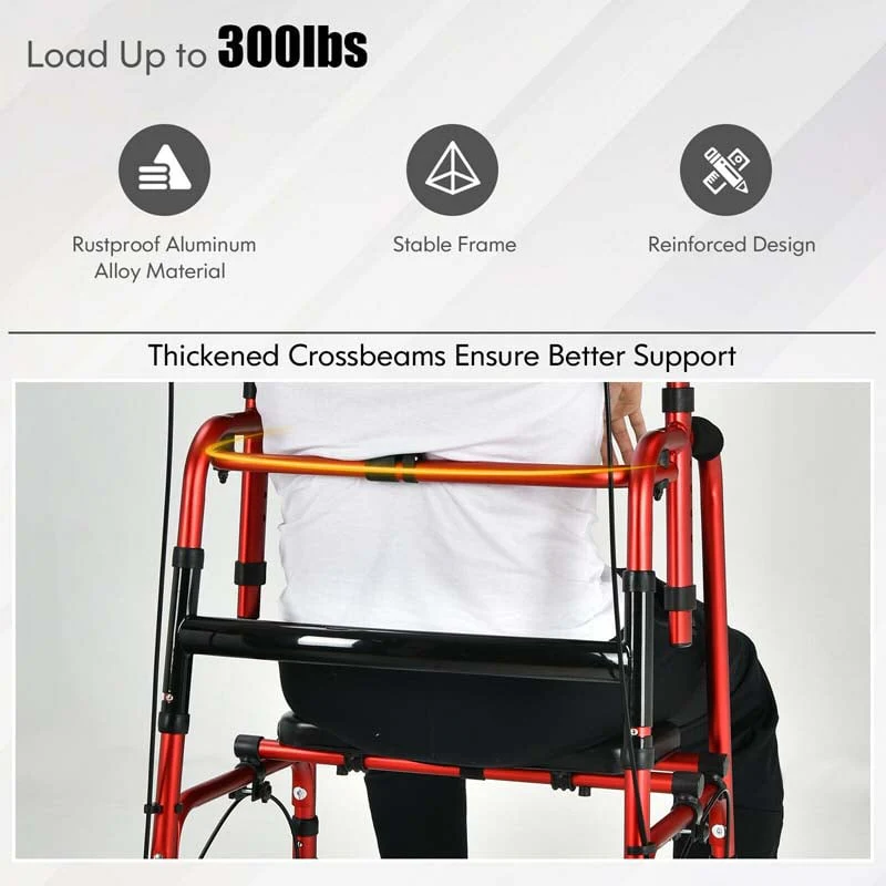 2 in 1 Folding Upright Walker Height Adjustable Rollator Walker with Seat & Wheels, Mobility Walking Aid for Seniors