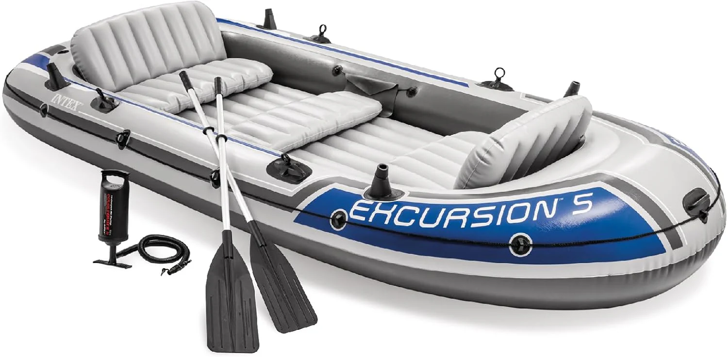 INTEX Excursion Inflatable Boat Series: Includes Deluxe 54in Boat Oars and High-Output Pump �C SuperTough PVC �C Adjustable Seats with Backrest �C Fishing Rod Holders �C Welded Oar Locks