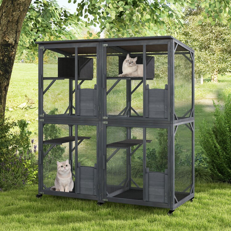 72 Inch Large Wooden Cat House Catio Kitten Enclosure on Wheels with Weatherproof Asphalt Roof