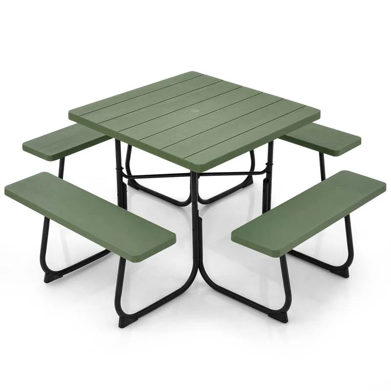 8 Person HDPE Outside Table & Bench Set, Outdoor Square Picnic Table with 4 Built-in Benches, Umbrella Hole, Metal Frame