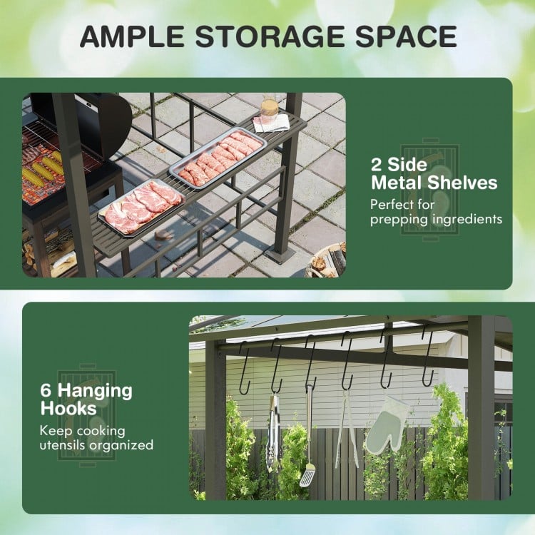 Hardtop Grill Gazebo with Vented Polycarbonate Roof Side Shelves