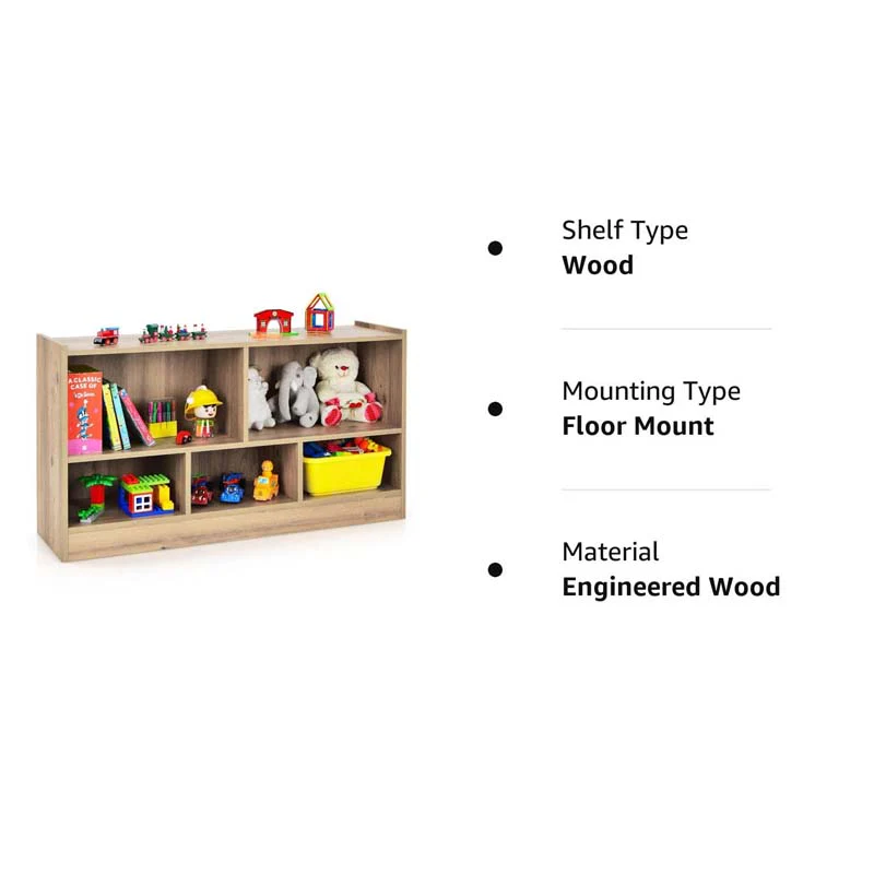 2-Shelf Kids Bookcase 5-Cube Wood Toy Storage Cabinet Organizer for Classroom, Playroom, Nursery, Kindergarten