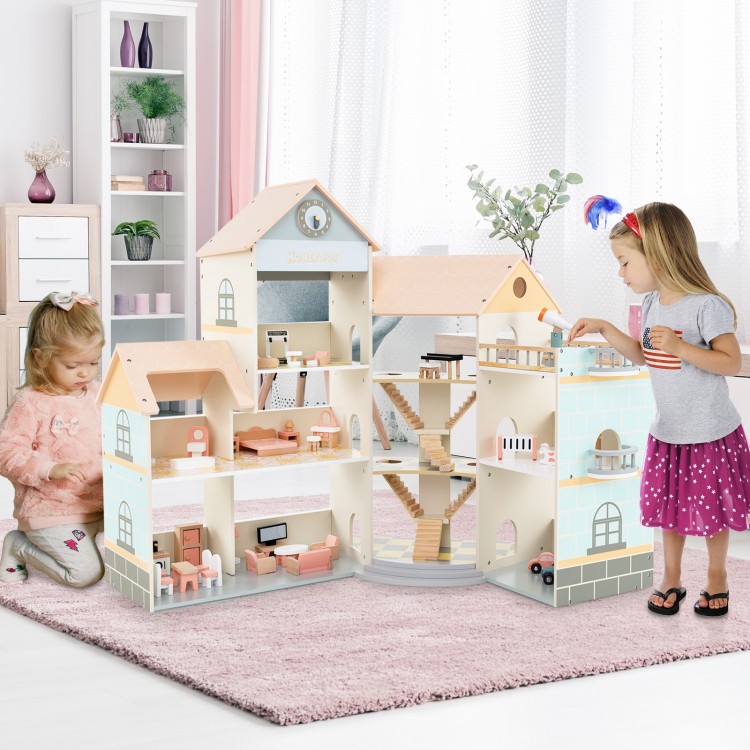 Wooden Corner Dollhouse Playset with 41 Pieces Accessories for Kids 3+ Years Old