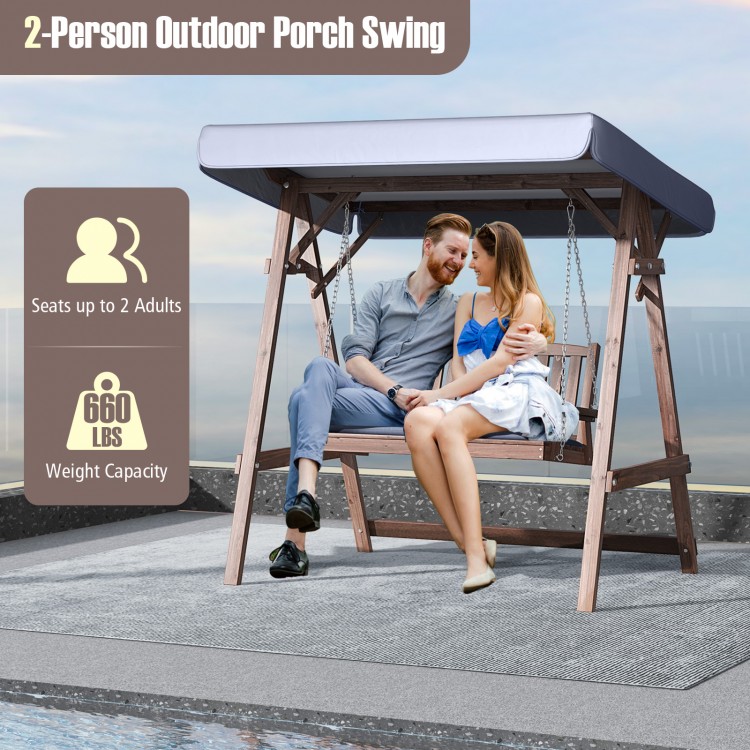 2-Person Porch Swing with Fir Wood Stand and Tilt Canopy