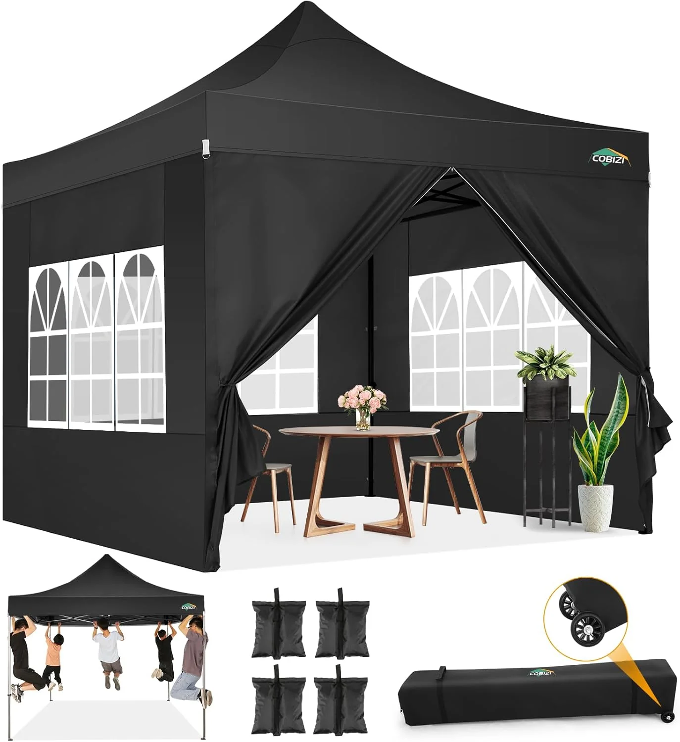 COBIZI 10x20 Heavy Duty Pop up Canopy Tent with 6 sidewalls Easy Up Commercial Outdoor Canopy Wedding Party Tents for Parties All Season Wind & Waterproof Gazebo with Roller Bag,Black(Frame Thickened)