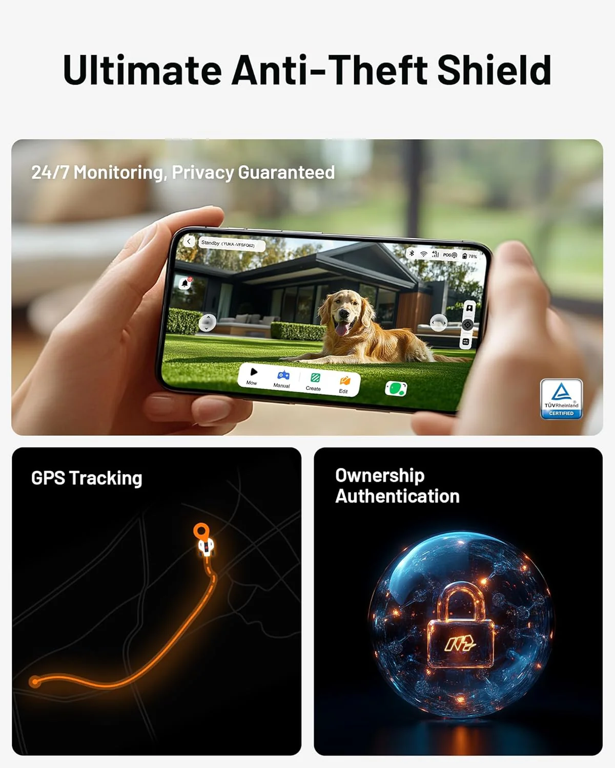 YUKA Mini 500H Robot Lawn Mower Reception 0.12 Acre, Max. 0.17 Acre, Ultrasense AI Vision+ RTK Positioning, Auto Mapping, App Control,45% Slope, Cutting Height 2''~3.5'', 3 Mowing Zones