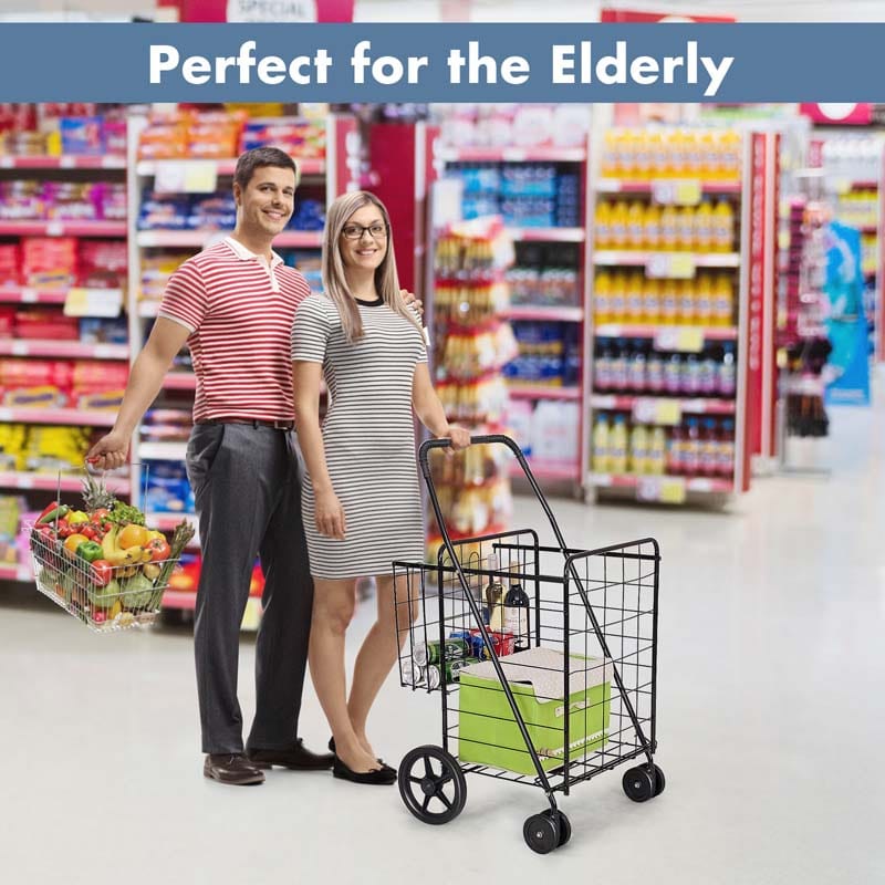 Jumbo Folding Shopping Cart Large Rolling Grocery Utility Cart with Double Basket & 360° Swivel Wheels