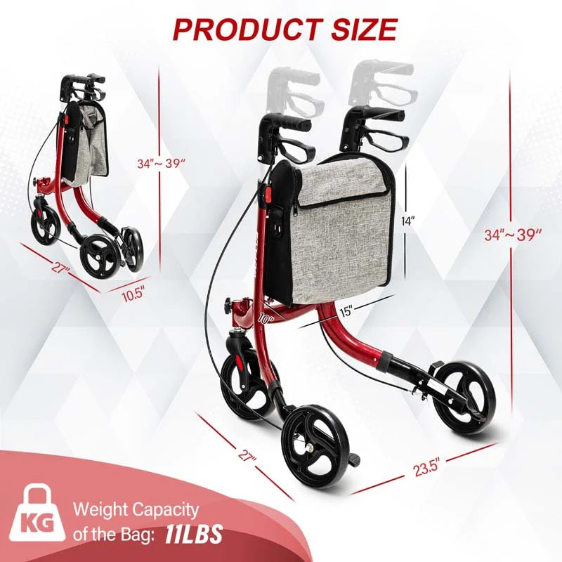 3-Wheel Folding Rollator Walker with Shopping Bag, Lightweight Aluminum Mobility Walking Aid