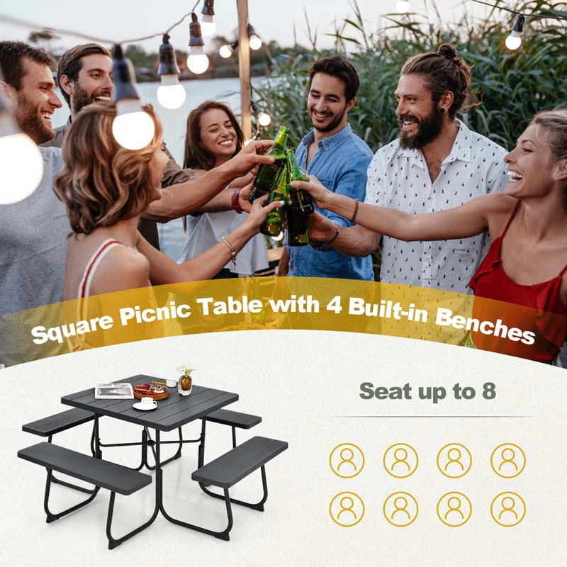 8 Person HDPE Outside Table & Bench Set, Outdoor Square Picnic Table with 4 Built-in Benches, Umbrella Hole, Metal Frame