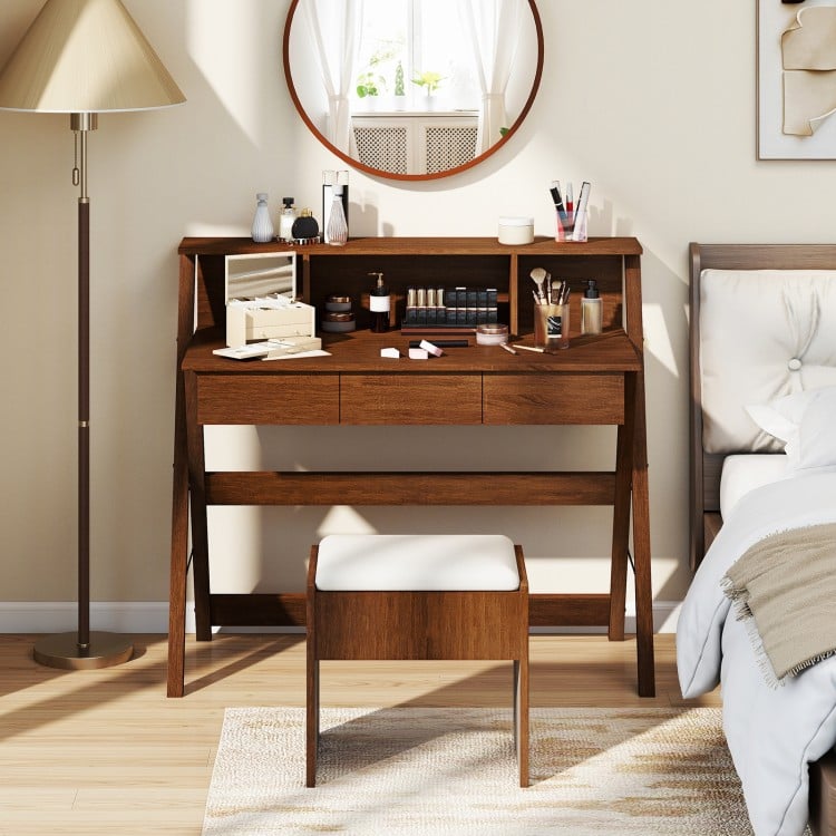 Mid Century Home Office Desk with 3 Storage Drawers and Monitor Stand