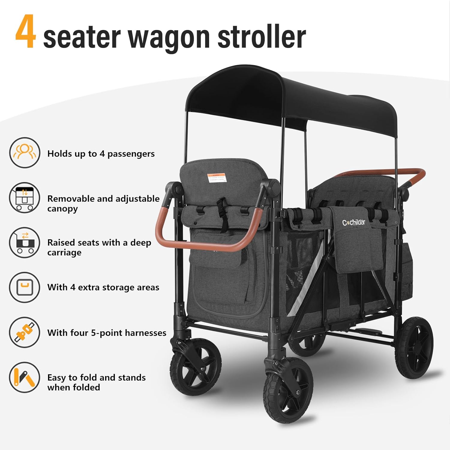All-Terrain 4 Seater Wagon Stroller for Kids - Heavy-Duty 300lb Capacity, One-Hand Fold Design, High Seats with 5-Point Harness, Adjustable Canopy and Handlebars, Light Grey